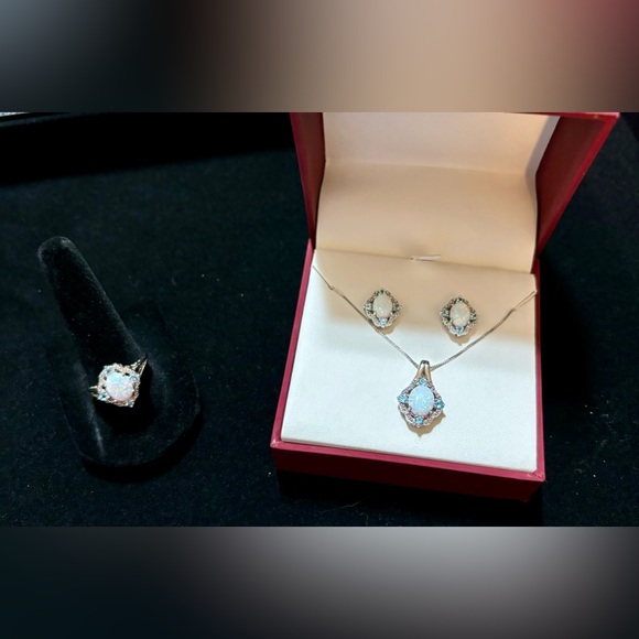 Opal with Natural Diamond and Blue Topaz Ring, Earrings and Necklace Set $750 - Picture 5 of 5